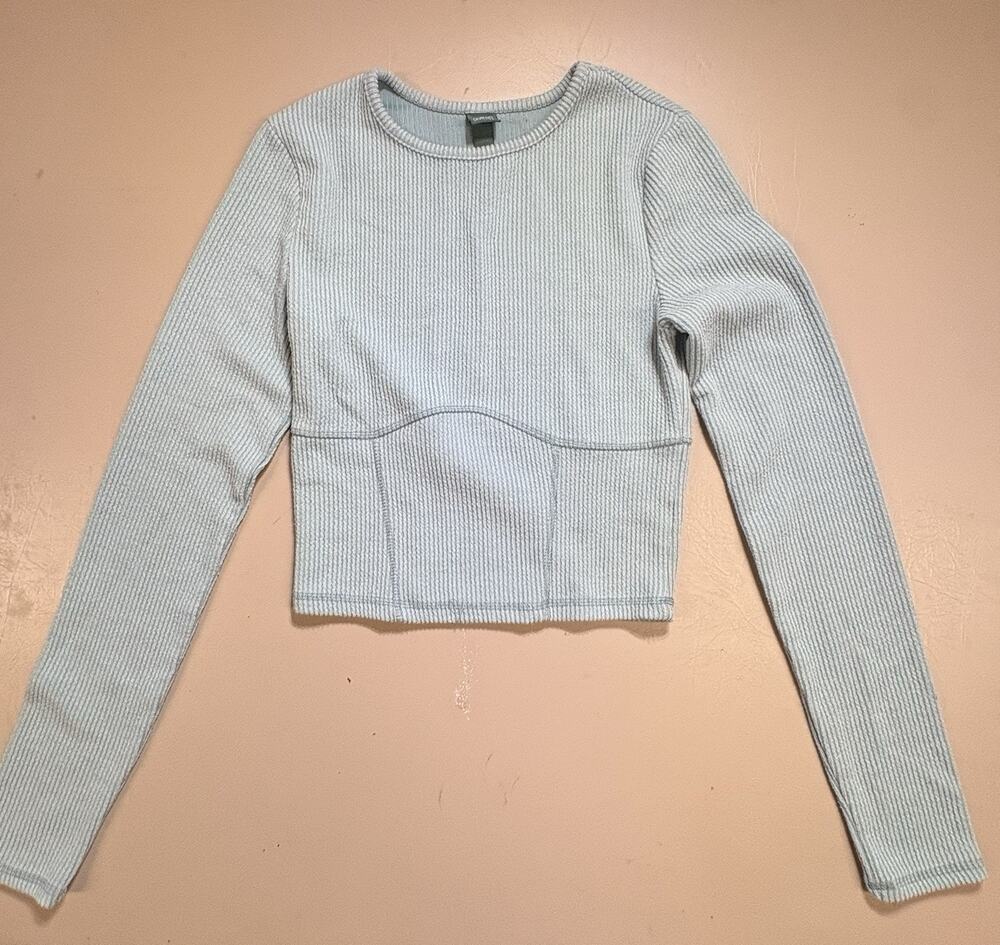 Wild Fable Women Size S Cropped Top Slate Blue Long Sleeve Crew Neck Ribbed